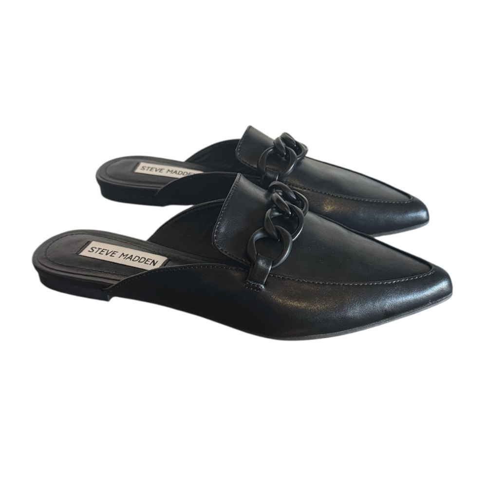 Steve Madden Black Mules Levity Chain Detail slip ons pointed toes leather   6.5